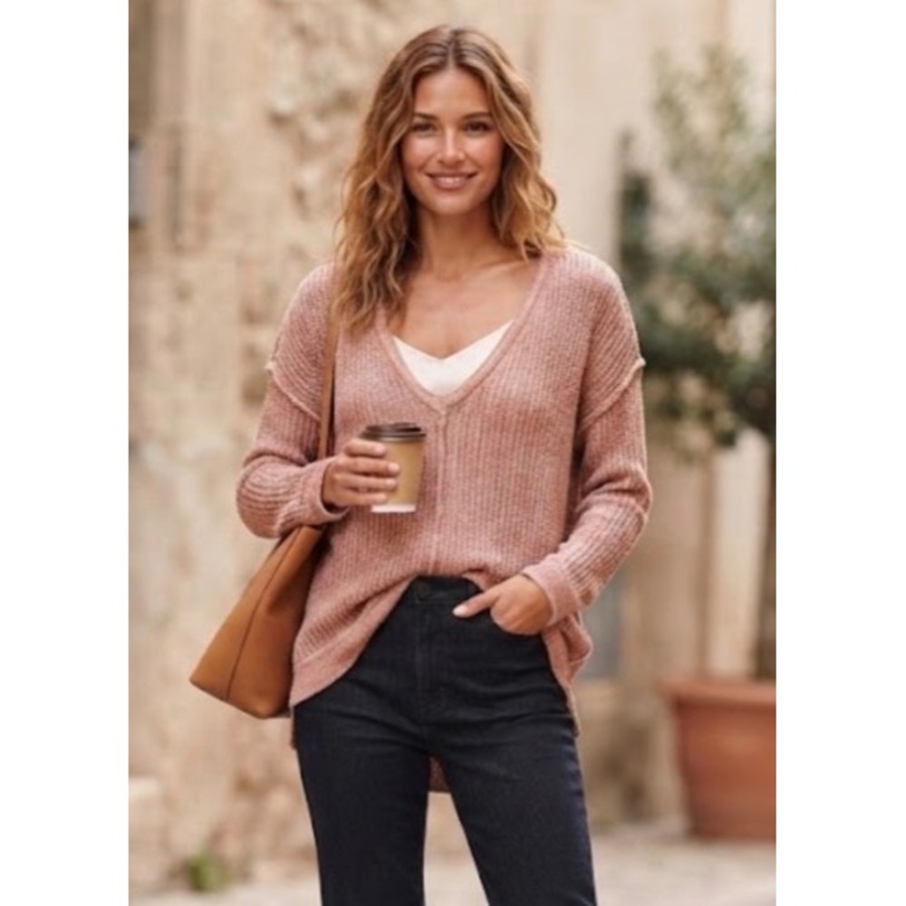 Altar'd State Womens Rust Orange Marled Knit V-Neck Sweater Small Boho High-Low